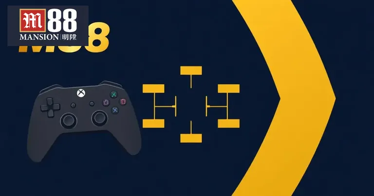 Tay cầm chơi game và sơ đồ nhánh đấu esports trên nền navy vàng của M88