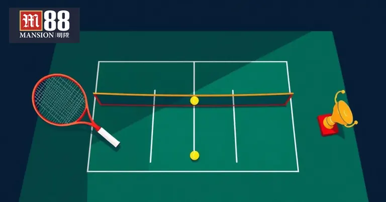 Sân tennis nhìn từ trên cao cùng vợt, bóng và cúp vàng theo phong cách M88