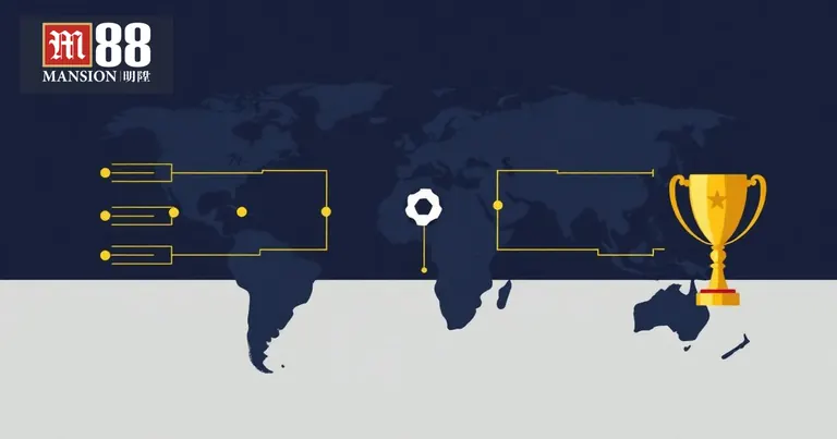 Bản đồ thế giới với nhánh đấu vòng loại World Cup và cúp vàng trên nền navy M88