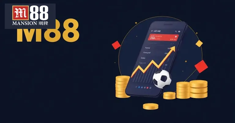 Điện thoại hiển thị kèo cược trực tiếp, biểu đồ tăng trưởng và tiền vàng M88
